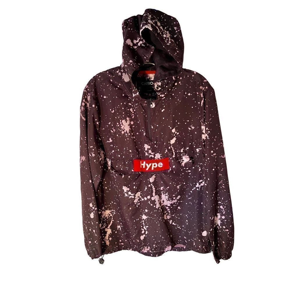 Carbon Hype Black Splatter Print Pullover Anorak Hooded Jacket W Pouch Sz Small